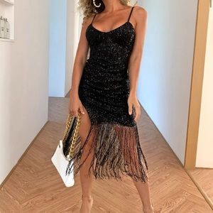 Fringed Sequin thigh split dress - black - small